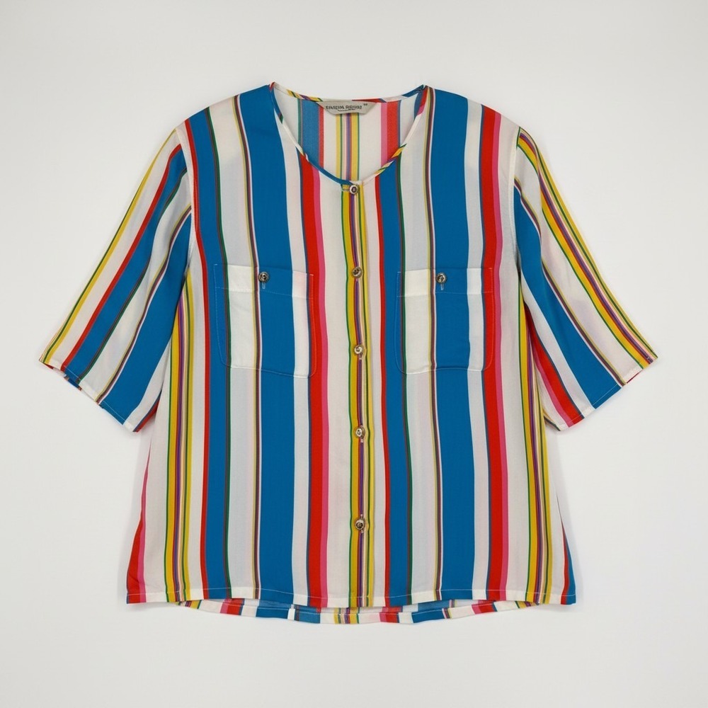 Vintage Marina Rinaldi Striped Viscose Button‎ Front Blouse Multicolor US 14